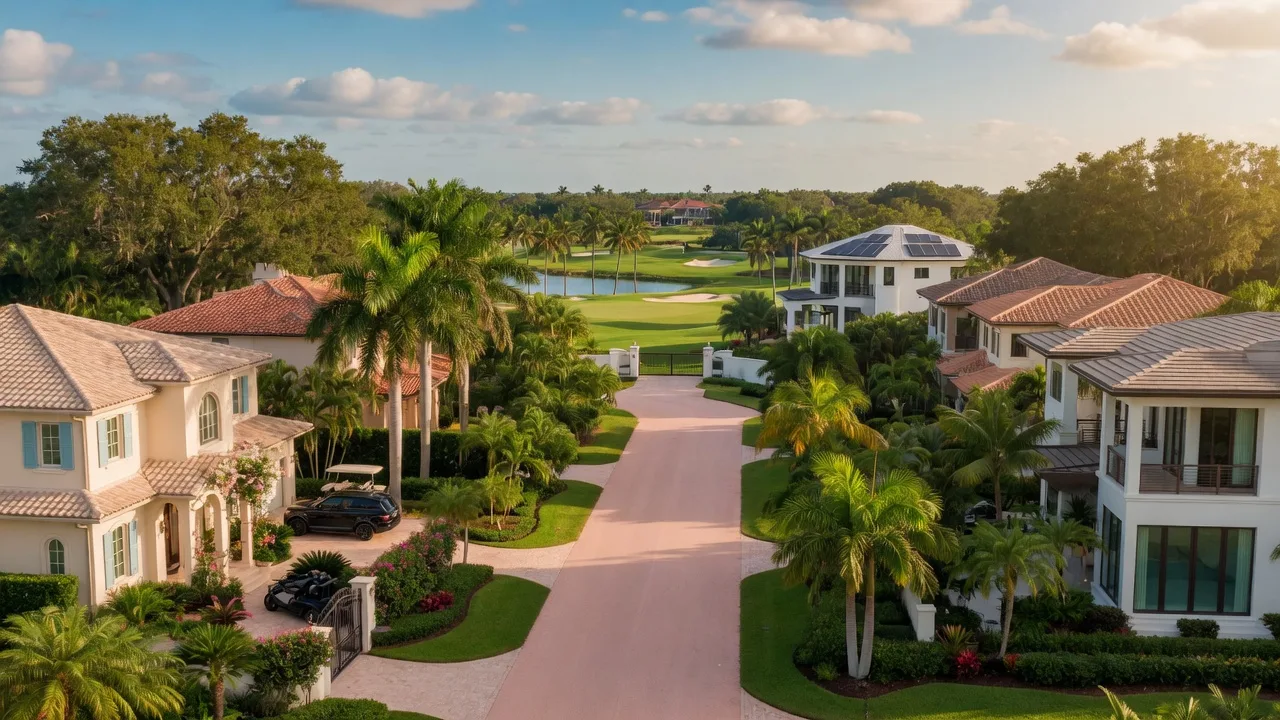 Luxury homes in the Seagate neighborhood of Delray Beach, Florida with palm trees and beautiful landscaping