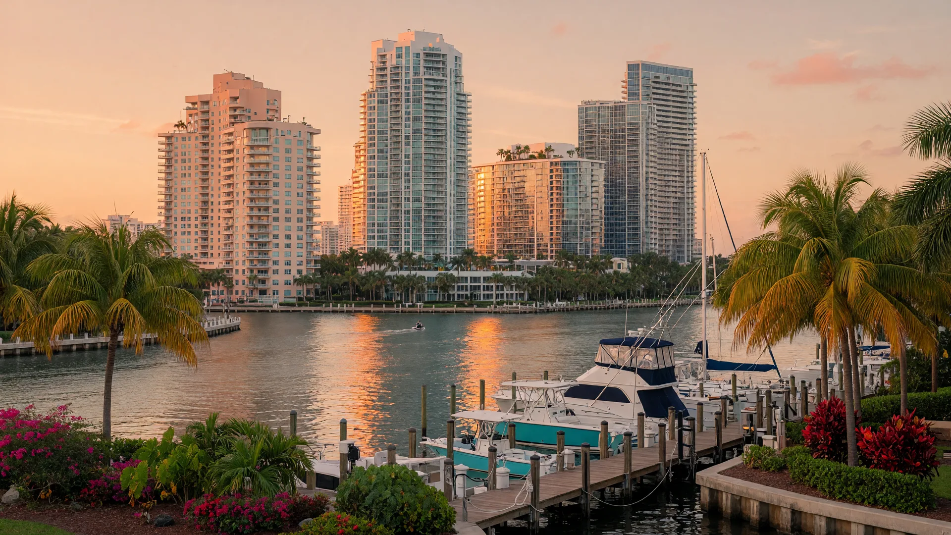 Aventura high-rise condominiums along the Intracoastal Waterway at golden hour