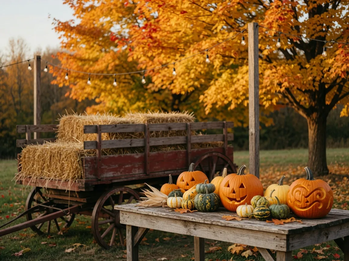 Pumpkins, a hay wagon, and warm string lights at a township fall festival in Lafayette Hill in late October