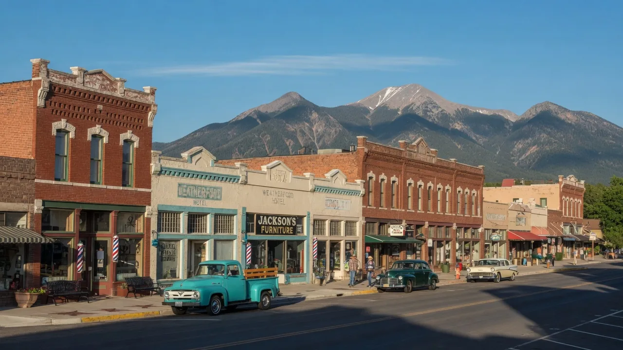 Downtown Flagstaff Arizona historic Route 66 storefronts with San Francisco Peaks mountain backdrop on a summer morning