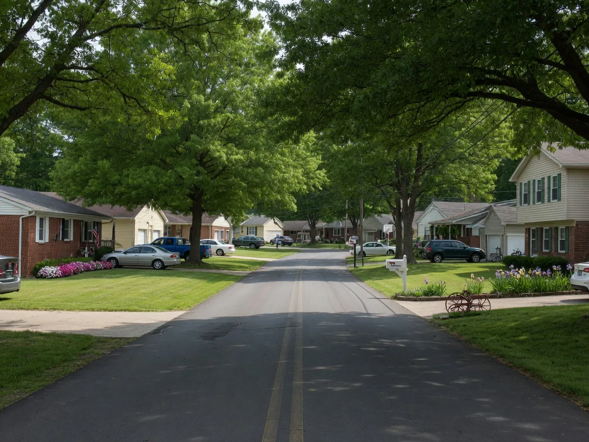 A peaceful tree-lined residential street in Bowling Green with mature shade trees and well-kept suburban homes