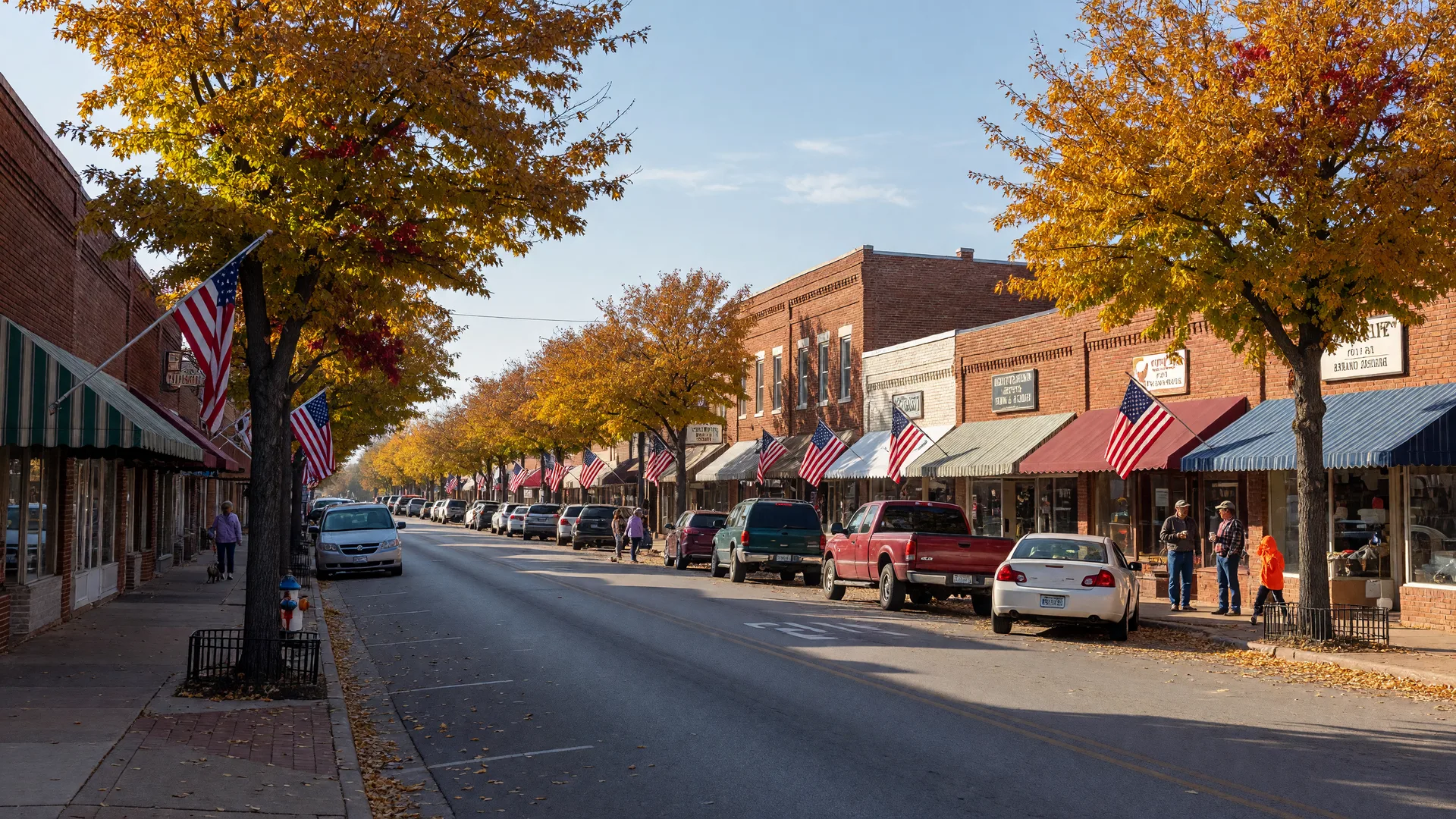 Glenpool, Oklahoma main street with historic brick storefronts, colorful awnings, and mature oak trees with golden autumn leaves on a bright morning
