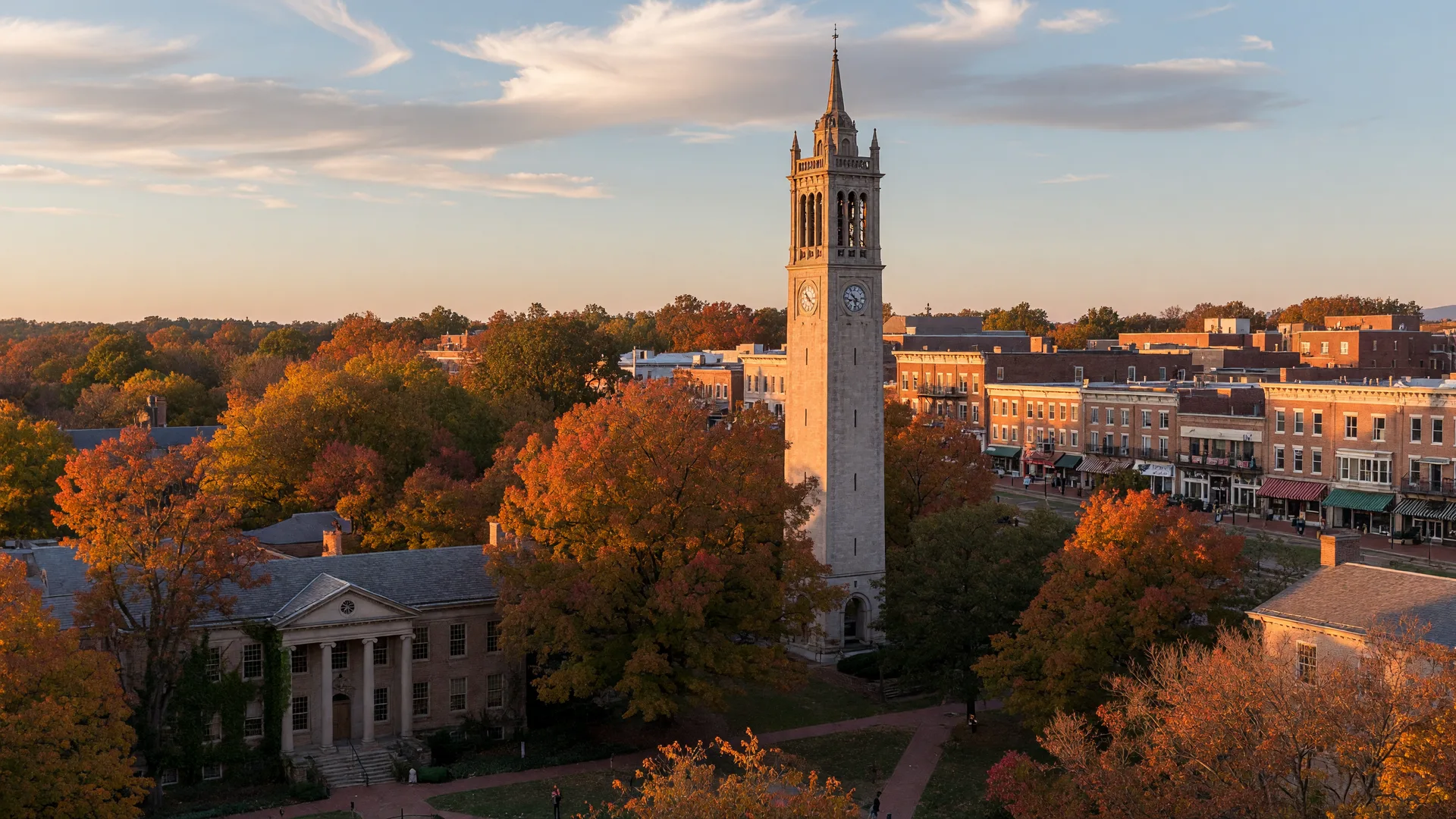Chapel Hill, NC campus and skyline with the Morehead-Patterson Bell Tower and fall foliage