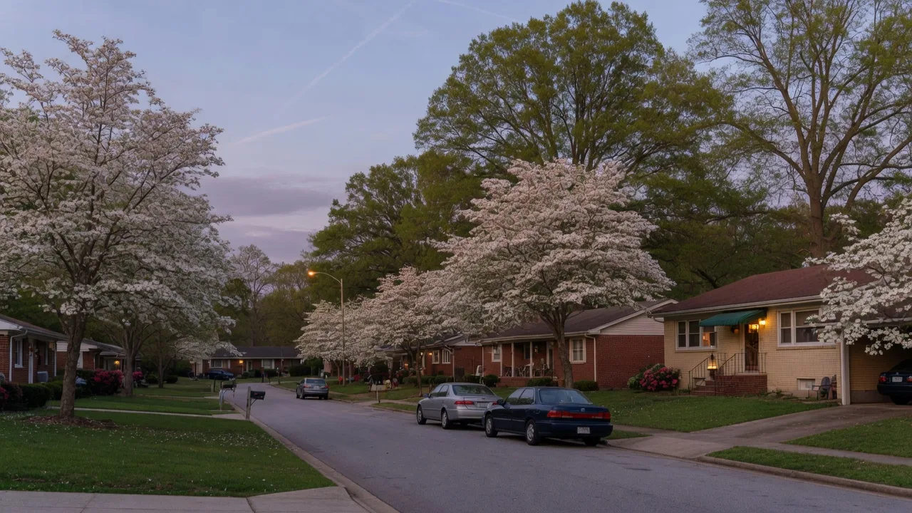 Tree-lined residential street with mid-century brick homes in an inner-ring Atlanta suburb at blue hour