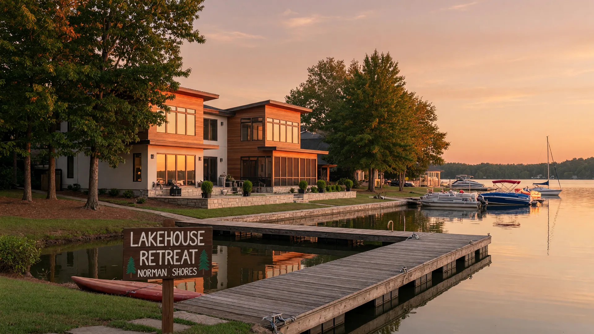 Lake Norman lakefront home with dock at golden hour, vacation rental sign visible near dock