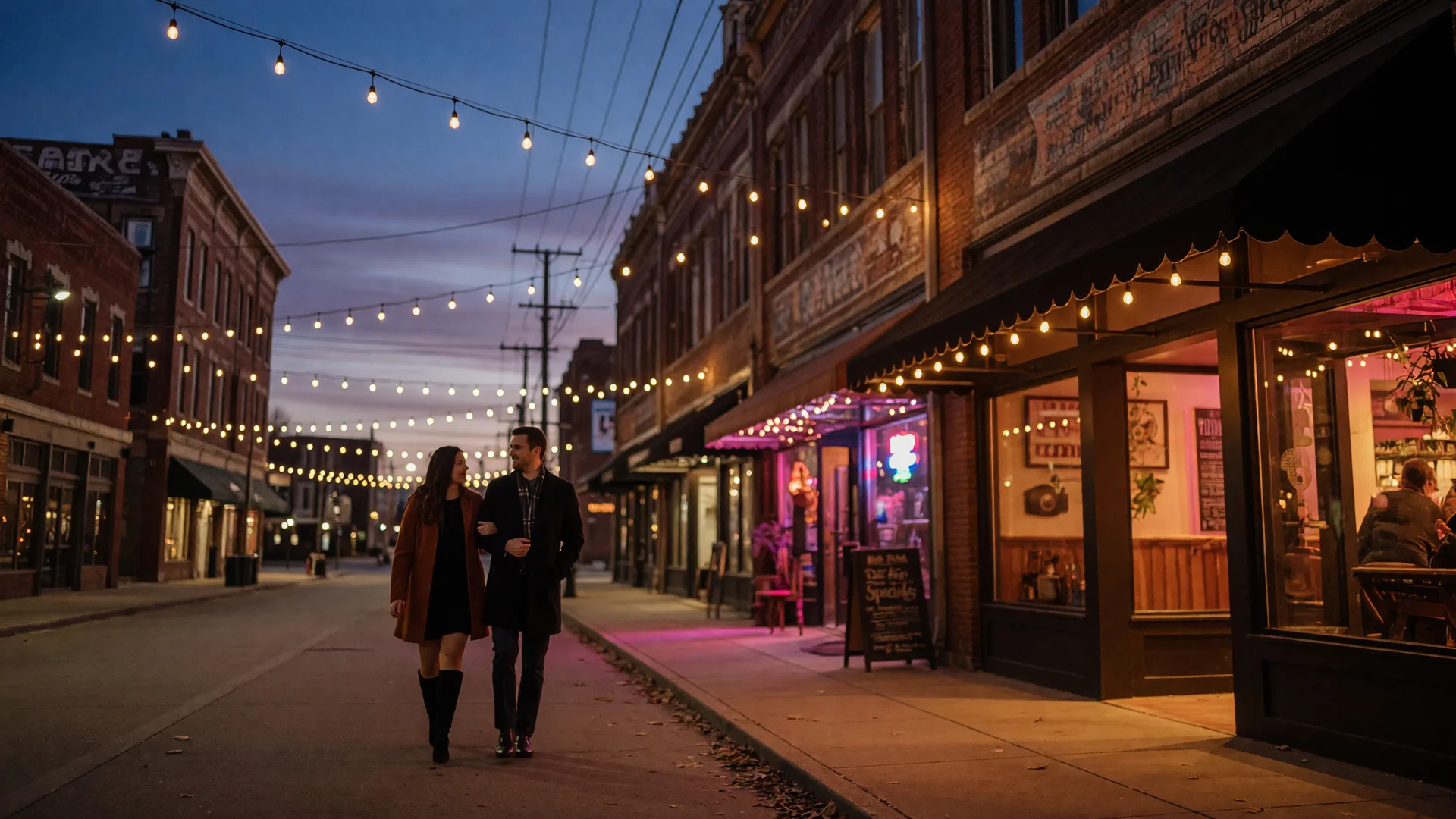 A warm evening downtown Tulsa street with string lights overhead and the glowing amber-lit entrance of a restaurant and cocktail bar at dusk