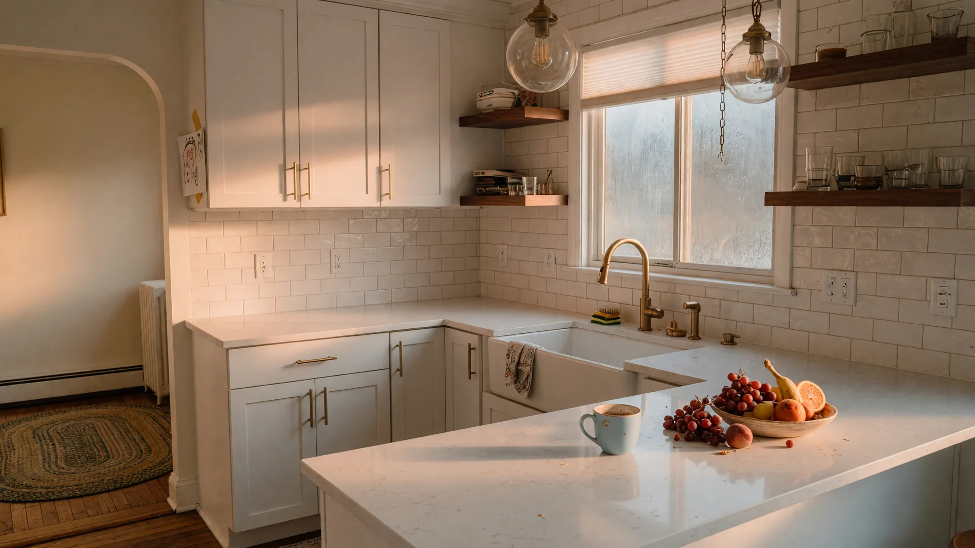 A freshly renovated kitchen in a mid-century Cinnaminson home with quartz countertops and gold hardware in morning light