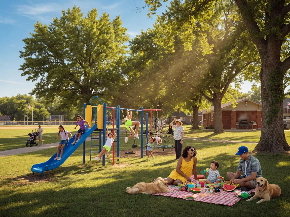 Families enjoying a sunny afternoon at a park in a Kansas City East Metro community with children playing on the playground