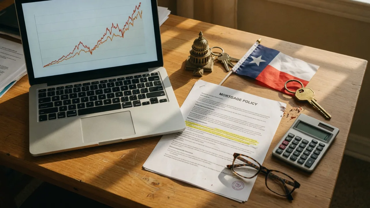 A Texas homebuyer's planning desk in warm morning light with a laptop showing a rising mortgage rate chart, a highlighted mortgage policy notice, a Texas Capitol keychain, a small Texas flag, and a brass house key