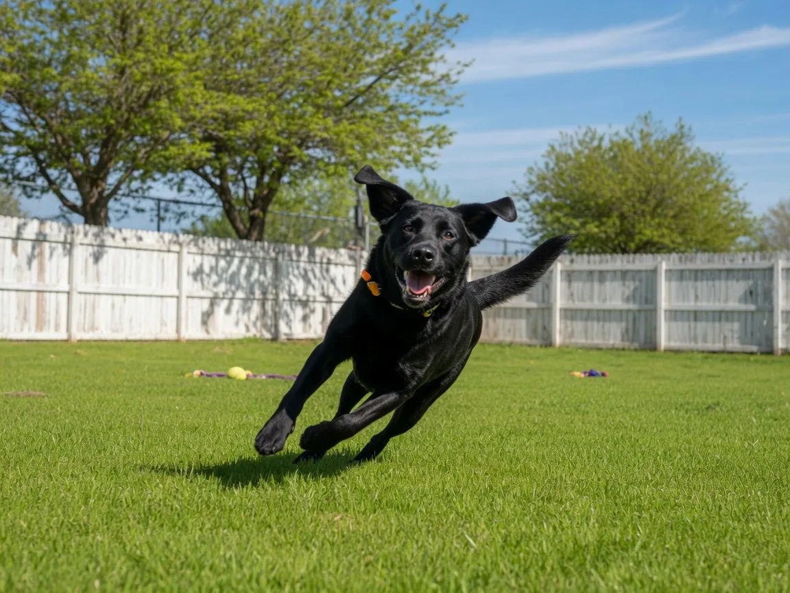 A black labrador running full-speed across green grass inside a sunny fenced community dog park
