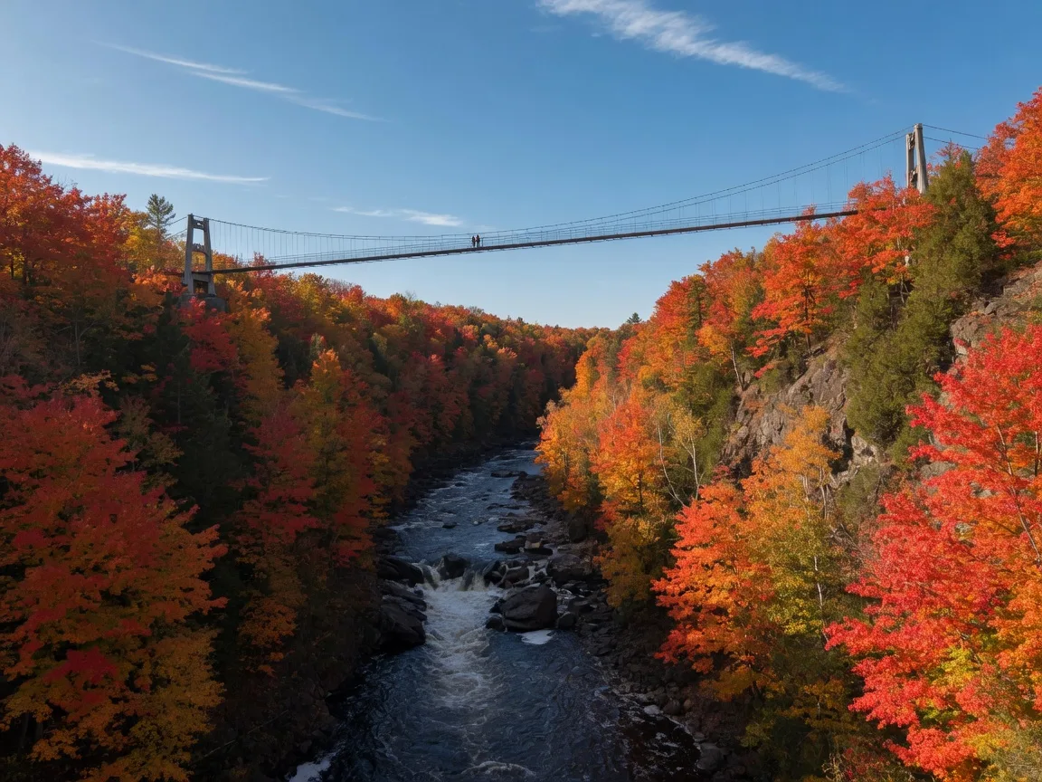 Suspension footbridge spanning a forested river gorge at peak autumn colour with the Trent River running over rapids below