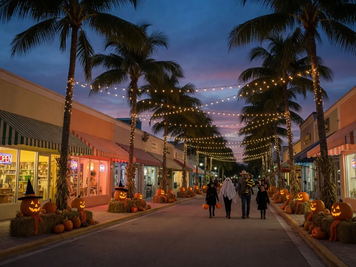 A palm-lined downtown Delray Beach avenue on a festive October evening with string lights and jack-o-lanterns along the storefronts