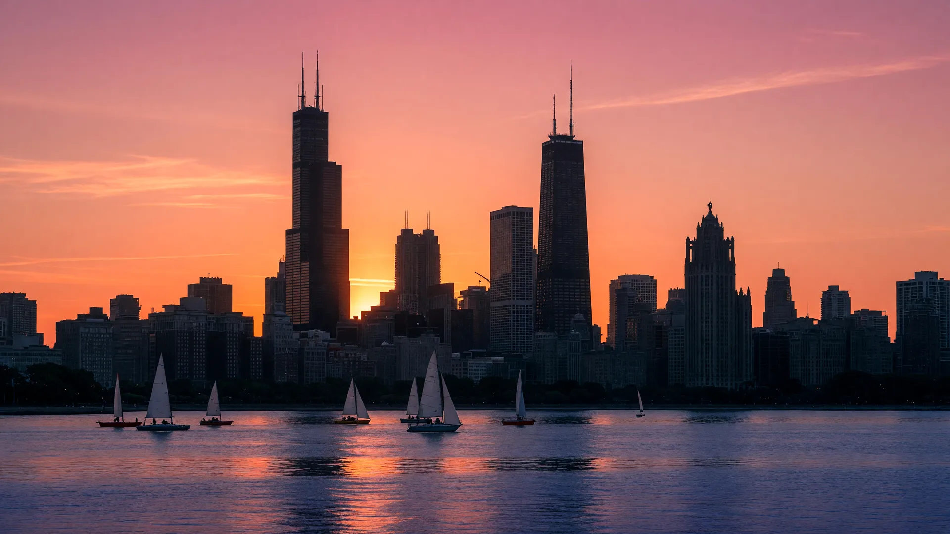 Chicago skyline at golden hour from Lake Michigan