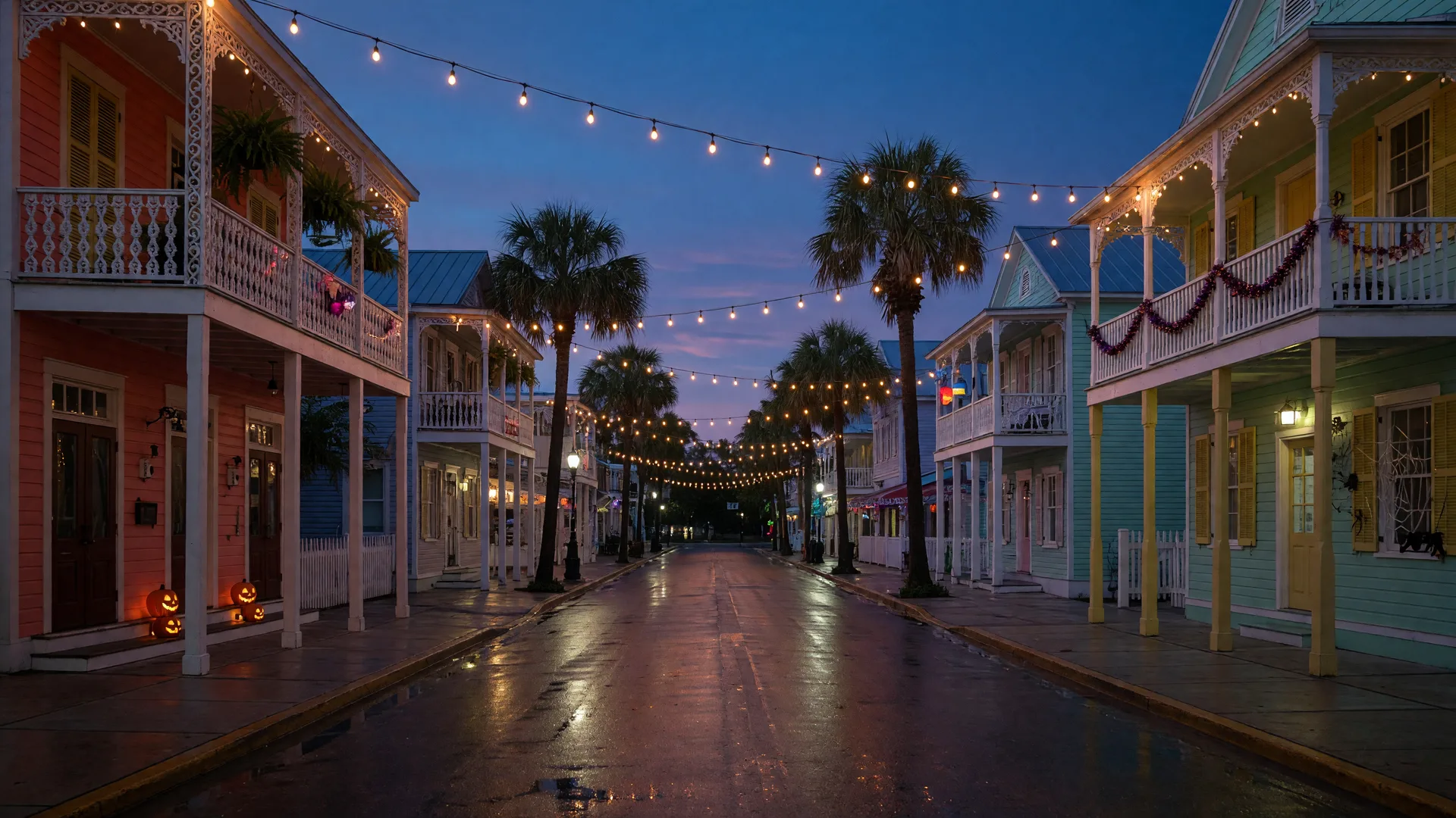 Festive Key West street at dusk strung with warm festival lights, palm trees and Halloween decorations before the Fantasy Fest parade weekend