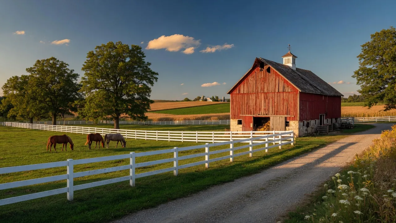 White board fencing and a red barn on a Hamilton County horse property at golden hour