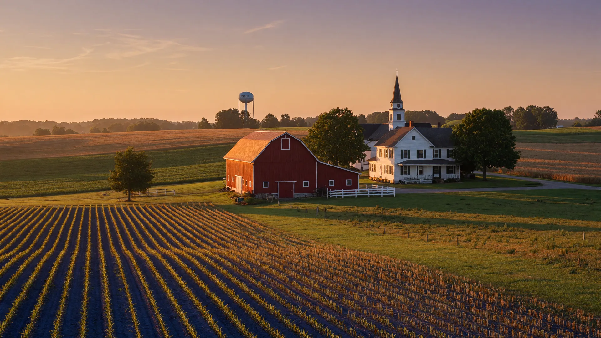 Rolling farmland in Wayne County Ohio near Wooster at golden hour