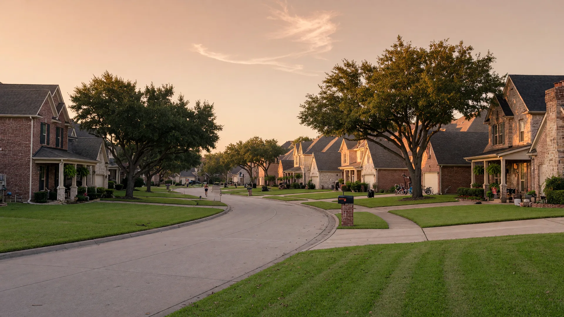 Golden-hour streetscape of a Northwest Houston master-planned community with brick homes and live oaks
