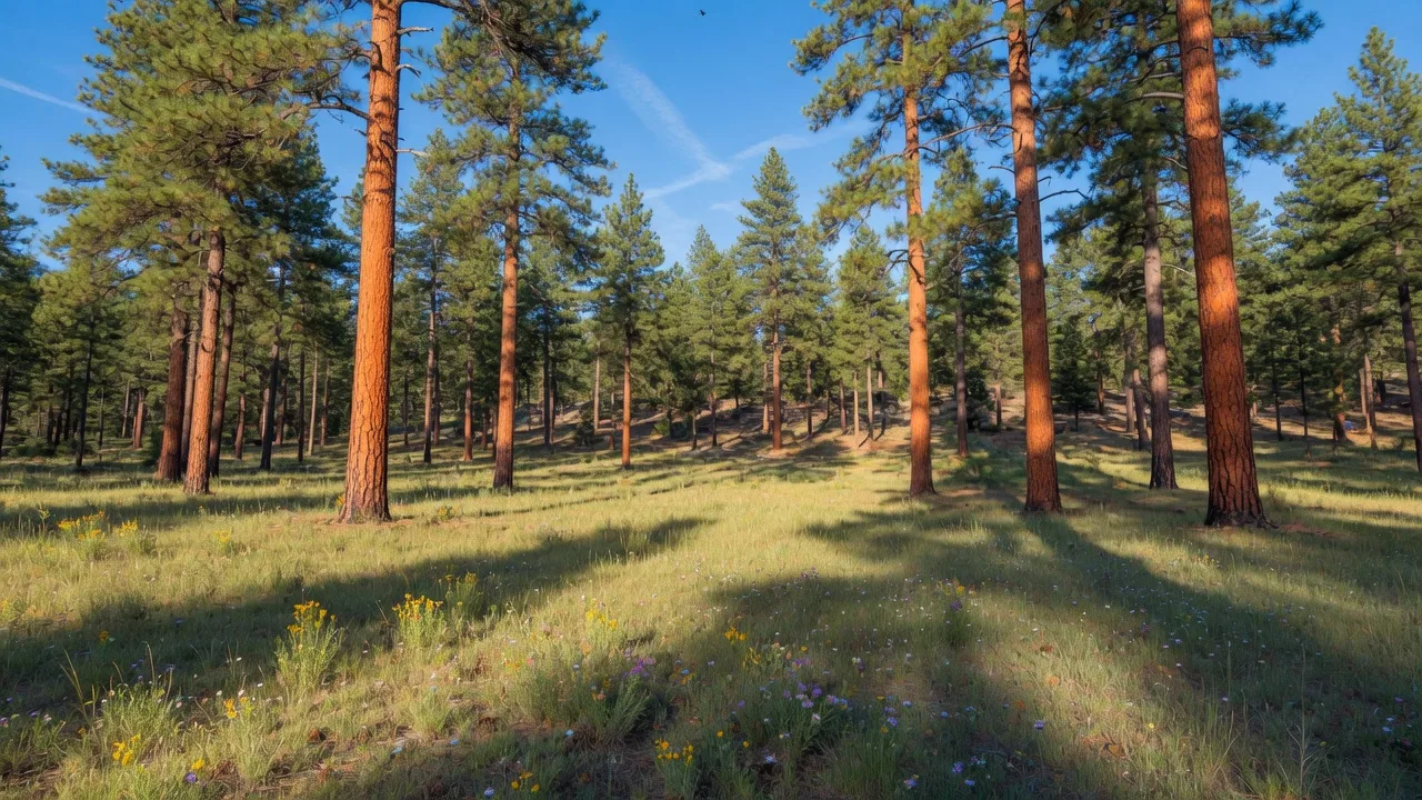 Sunlit ponderosa pine forest clearing near Payson, Arizona in the morning