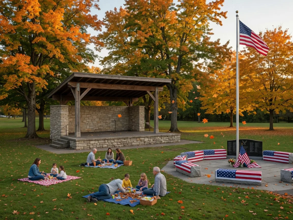 Leonard E. Stubbs Memorial Park in Centerville Ohio on a crisp early-autumn afternoon, a grassy park with an outdoor amphitheater stage and a flag-draped Veterans Memorial Plaza, families on picnic blankets on the green lawn, and maples turning orange and gold
