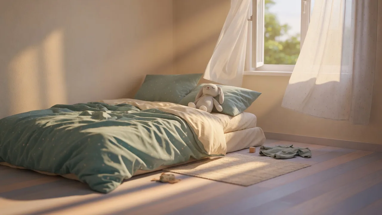A serene child's bedroom in soft morning light, representing the connection between restful breathing, deep sleep, and a calm focused mind