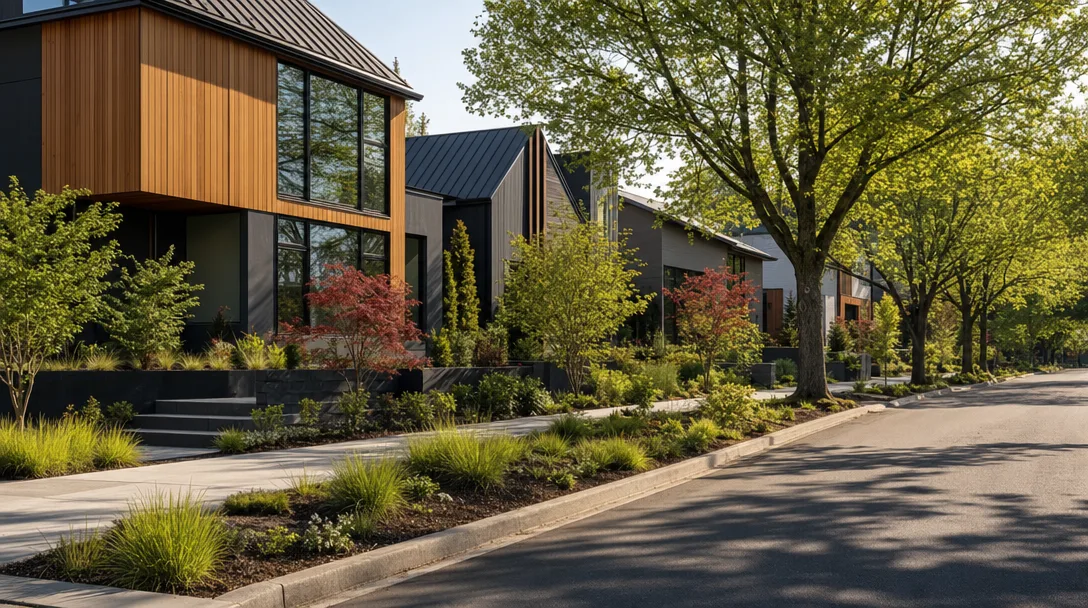 Pristine modern residential street in Portland featuring contemporary cedar-sided homes, mature trees, and warm morning light