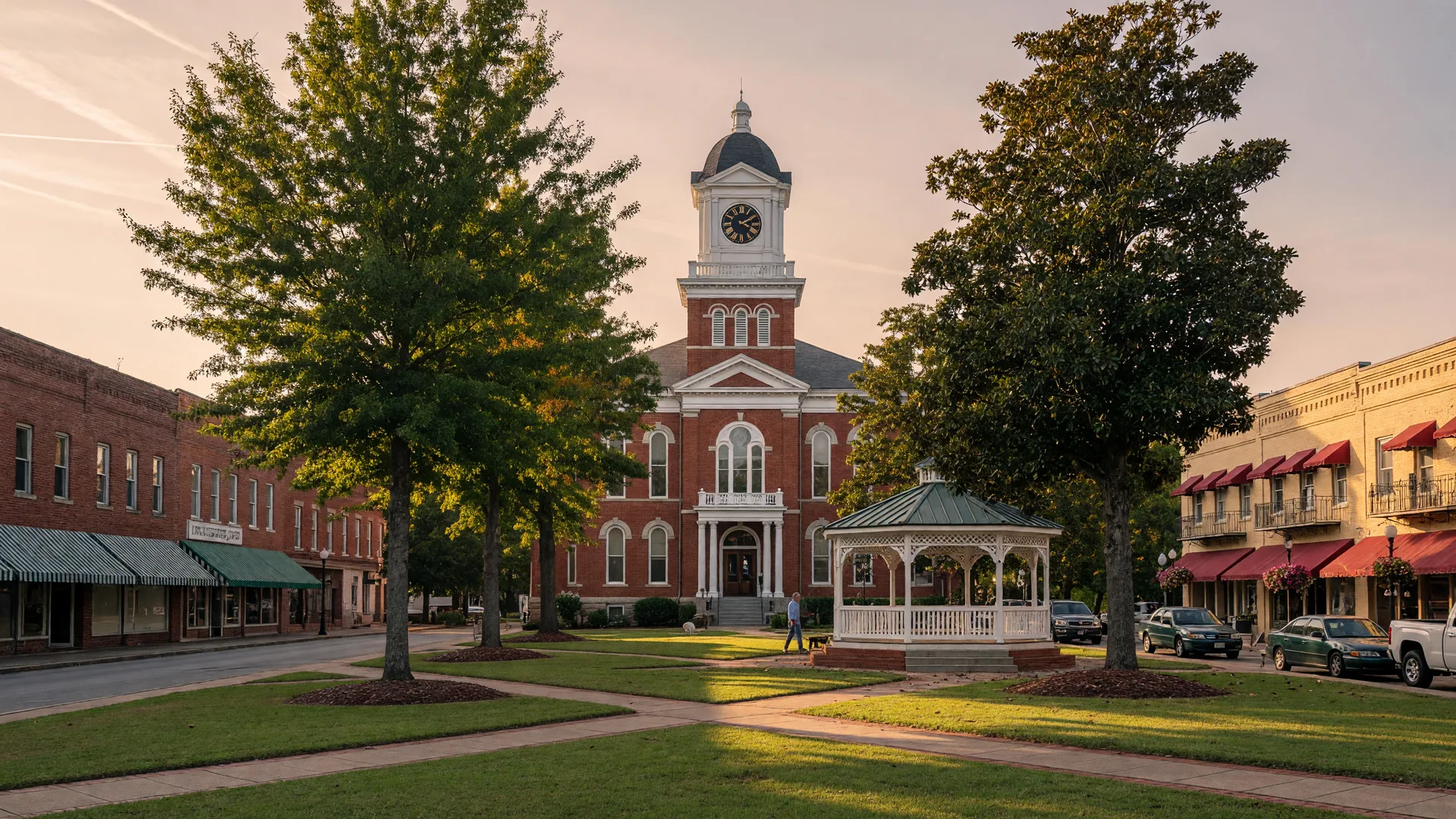 The historic brick courthouse square with a gazebo in downtown Lancaster SC in late-afternoon light