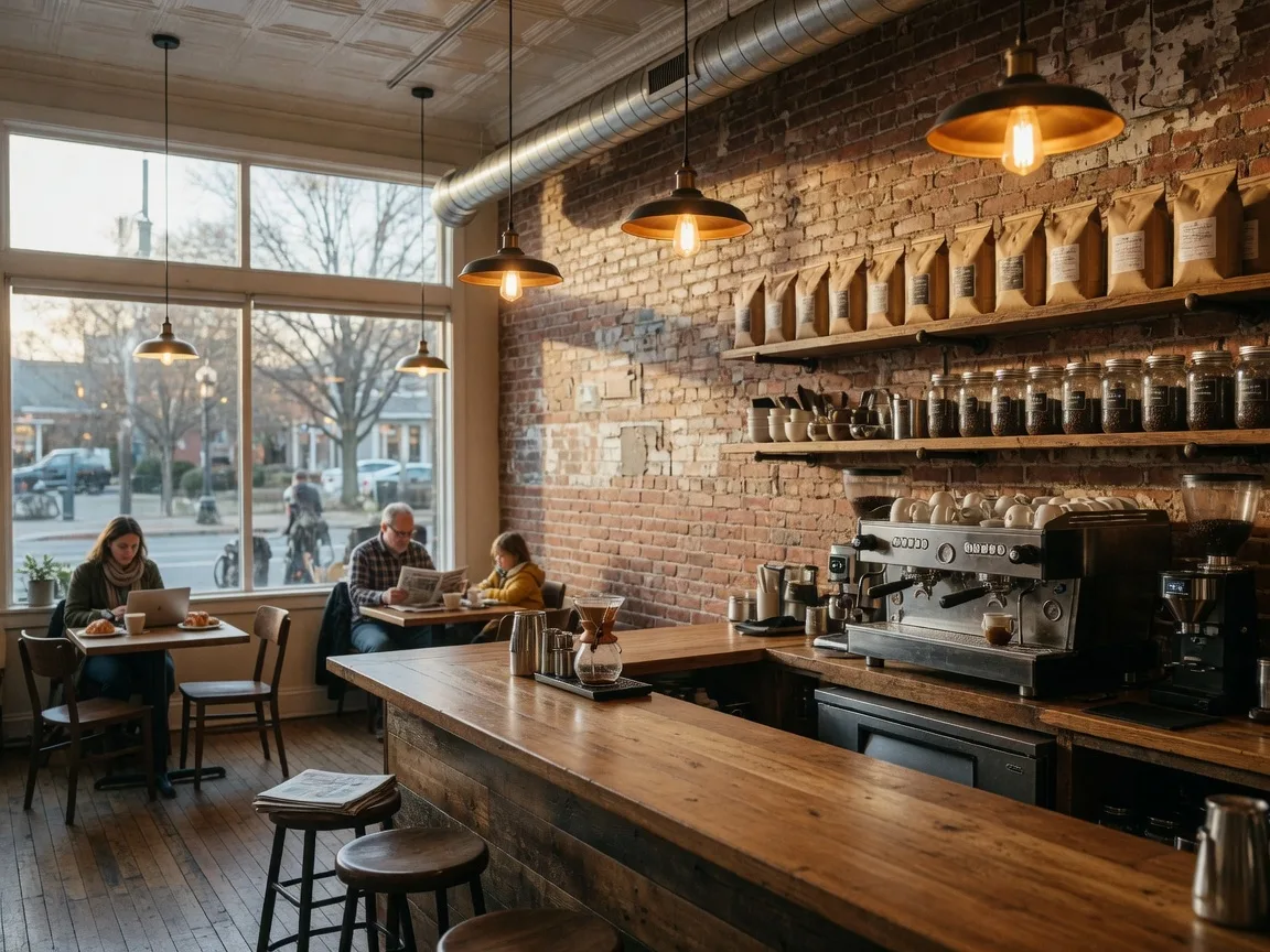Cozy interior of Commonwealth Joe Coffee Roasters in Arlington VA featuring a wooden espresso bar, professional espresso machine, shelves of coffee beans, warm pendant lighting, and customers at wooden tables in an industrial chic space