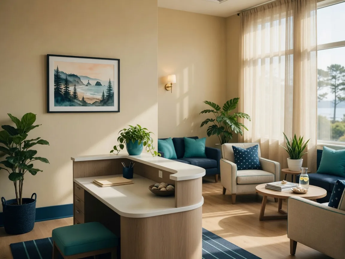 Warm coastal-inspired real estate office with teal accents