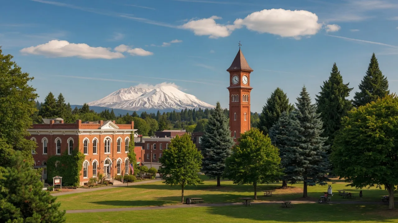 Scenic view of Battle Ground, Washington with the town park, clock tower, and Mount St. Helens in the distance under a bright blue sky