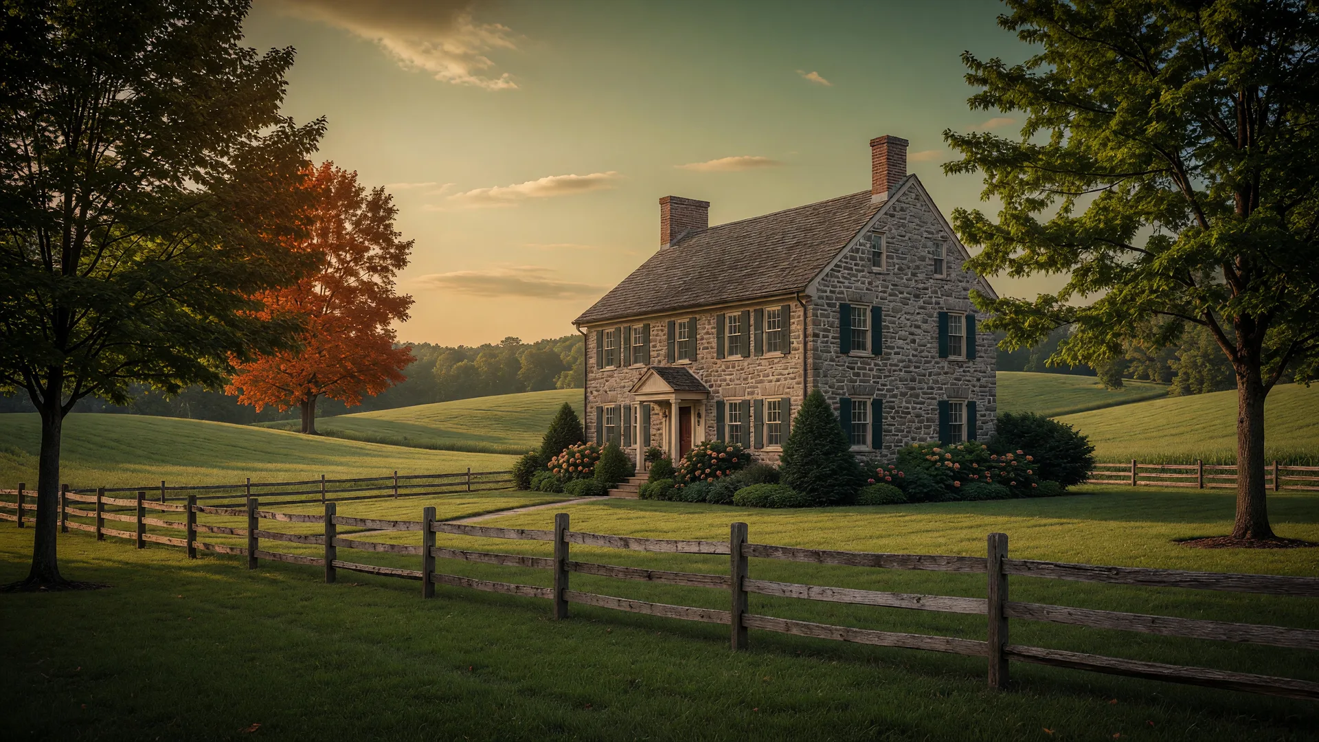 Fieldstone farmhouse with a split-rail fence on rolling Chester County fields at golden hour