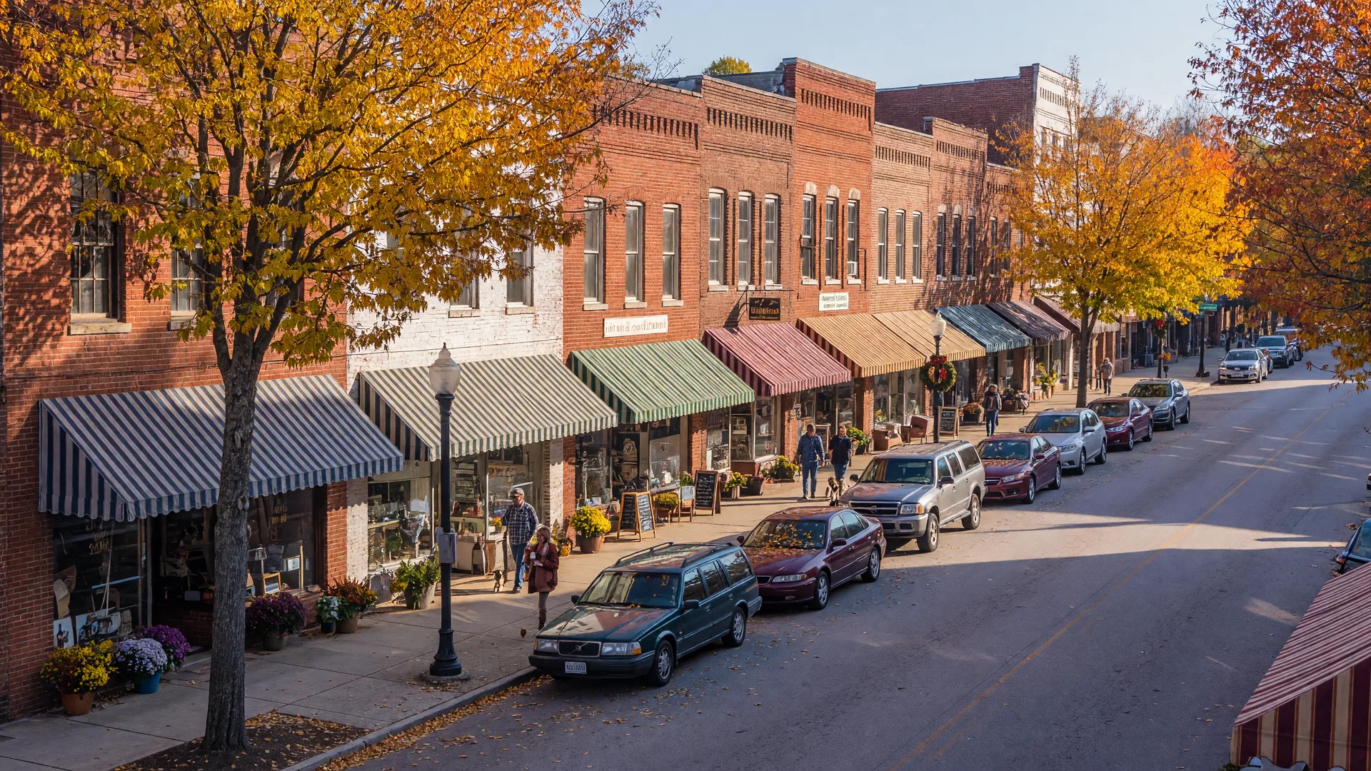 Historic brick downtown Fort Mill, South Carolina with awnings and shade trees at morning