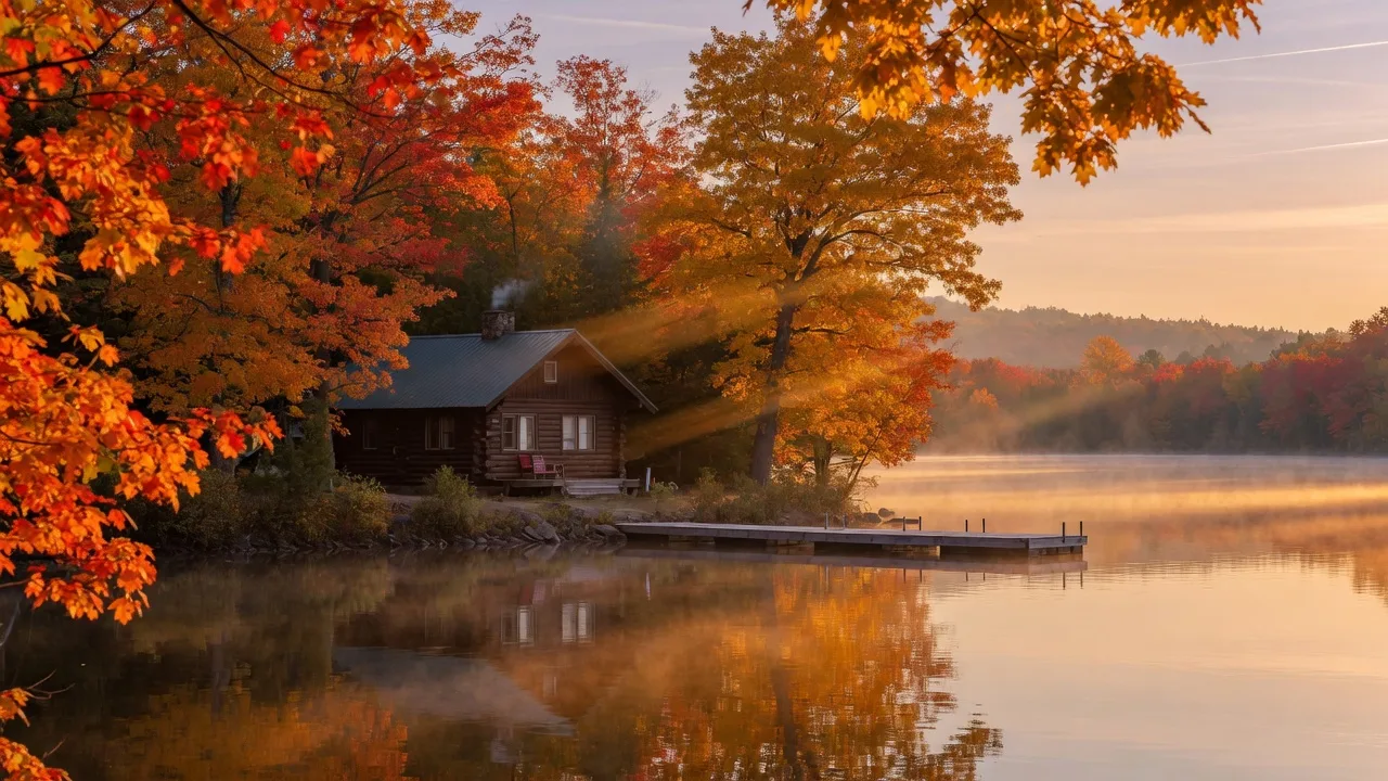 Classic North Woods cabin on the Whitefish Chain with vibrant orange and gold autumn foliage reflecting off calm water