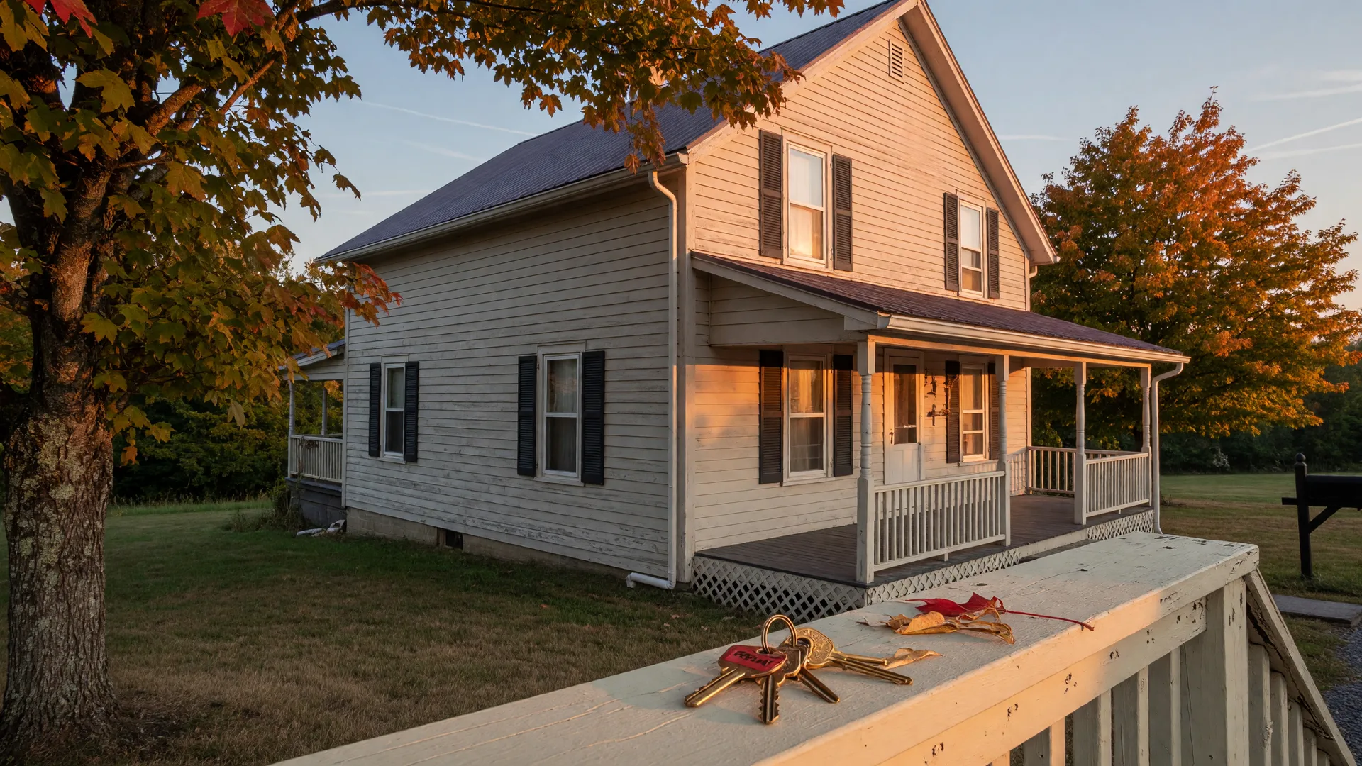Pennsylvania farmhouse with brass keys on the porch railing in warm late-summer light