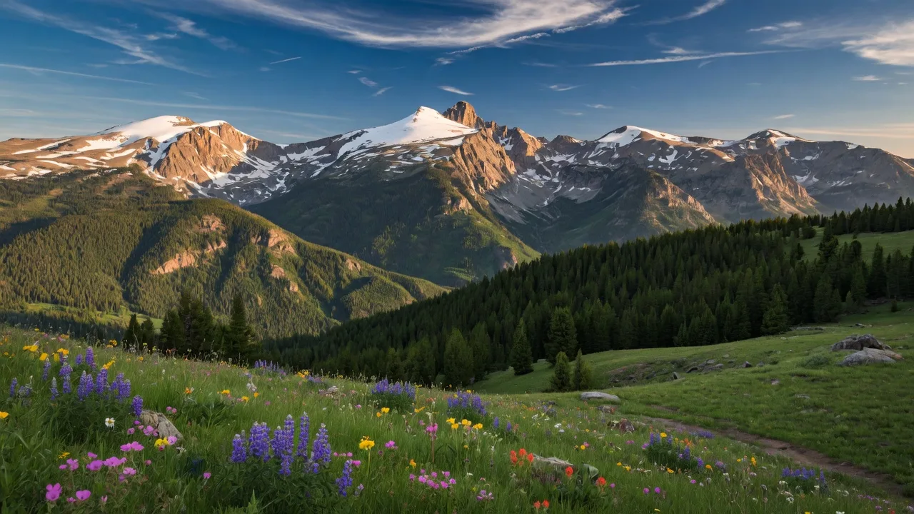 Montana Rocky Mountains with snow-capped peaks and wildflower meadow under dramatic blue sky
