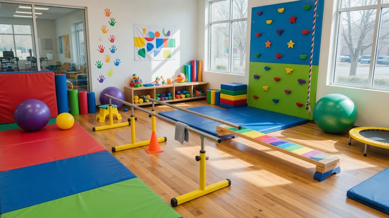 A pediatric physical therapy gym with colorful equipment including parallel bars, therapy balls, and climbing walls