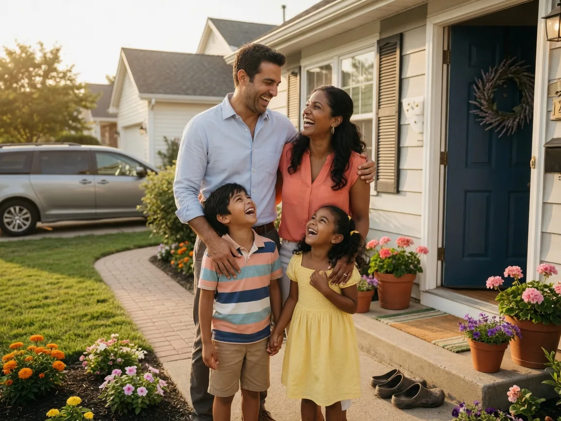 A happy multi-ethnic family standing together outside the front door of a bright suburban home