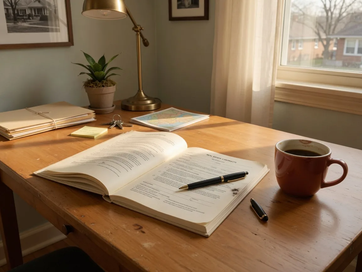 A real estate contract on a warm wooden desk — understanding commission changes in Illinois
