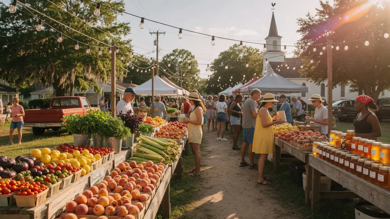 Braselton summer farmers market with fresh produce and string lights on a warm Georgia evening