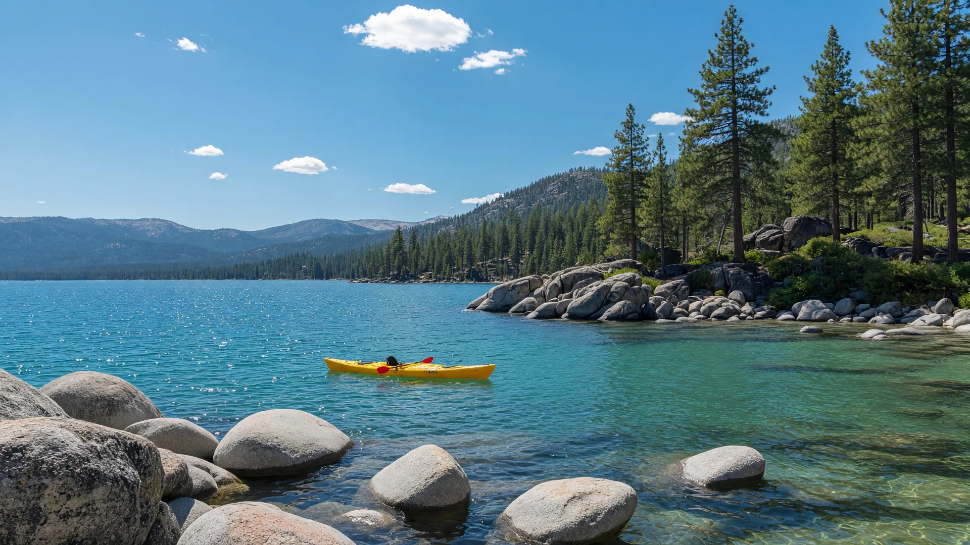 A bright summer day at Lake Tahoe with a kayak floating on calm turquoise water near a granite boulder shoreline and pine trees.