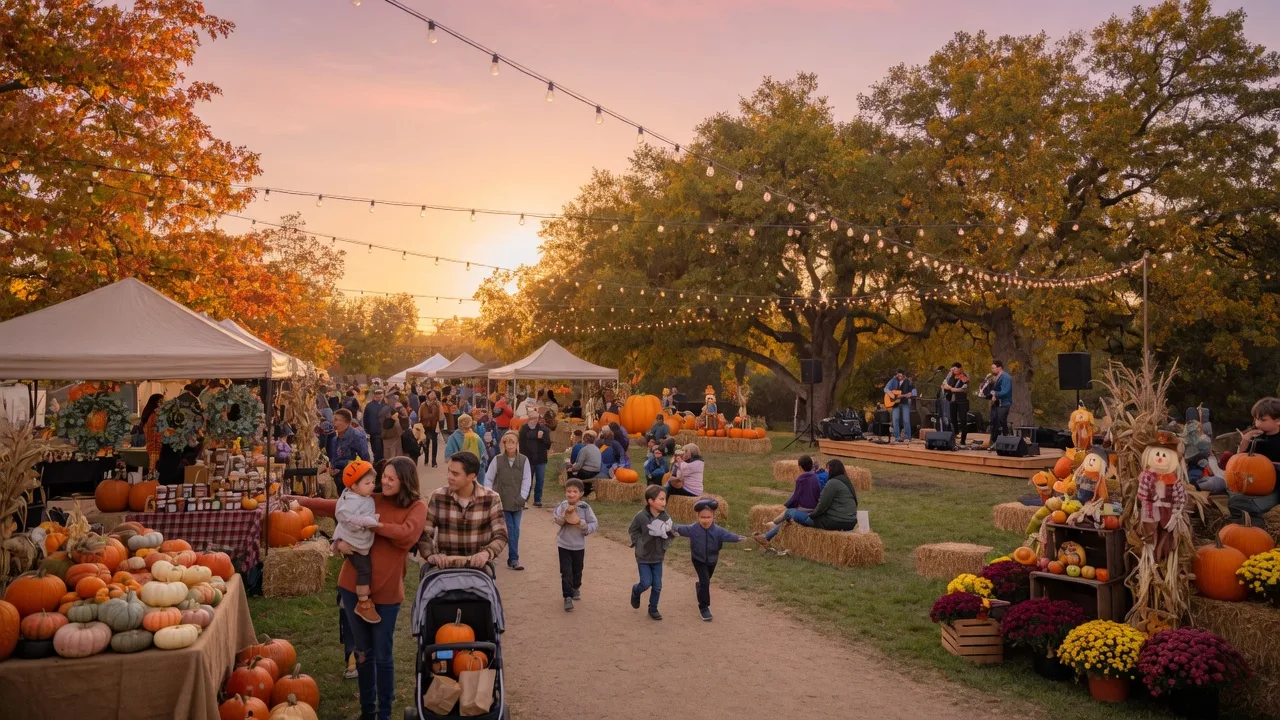 Autumn community festival in Santa Clarita Valley with string lights and market stalls