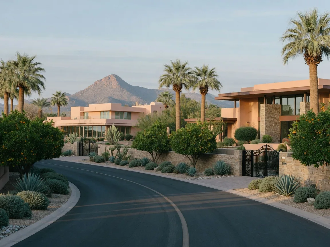 Winding estate lane in Paradise Valley with Camelback Mountain