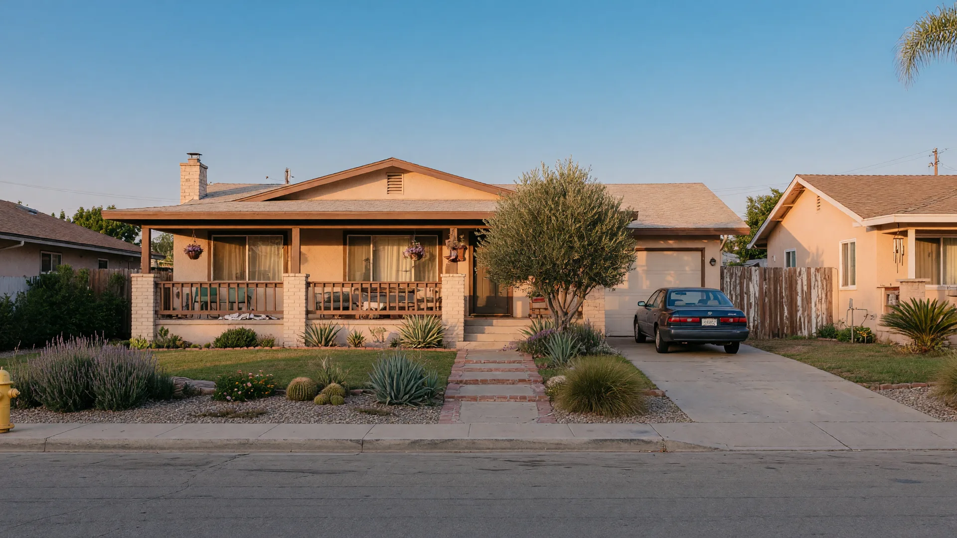 Classic single-story California ranch home with a wide front porch and level walkway in golden light