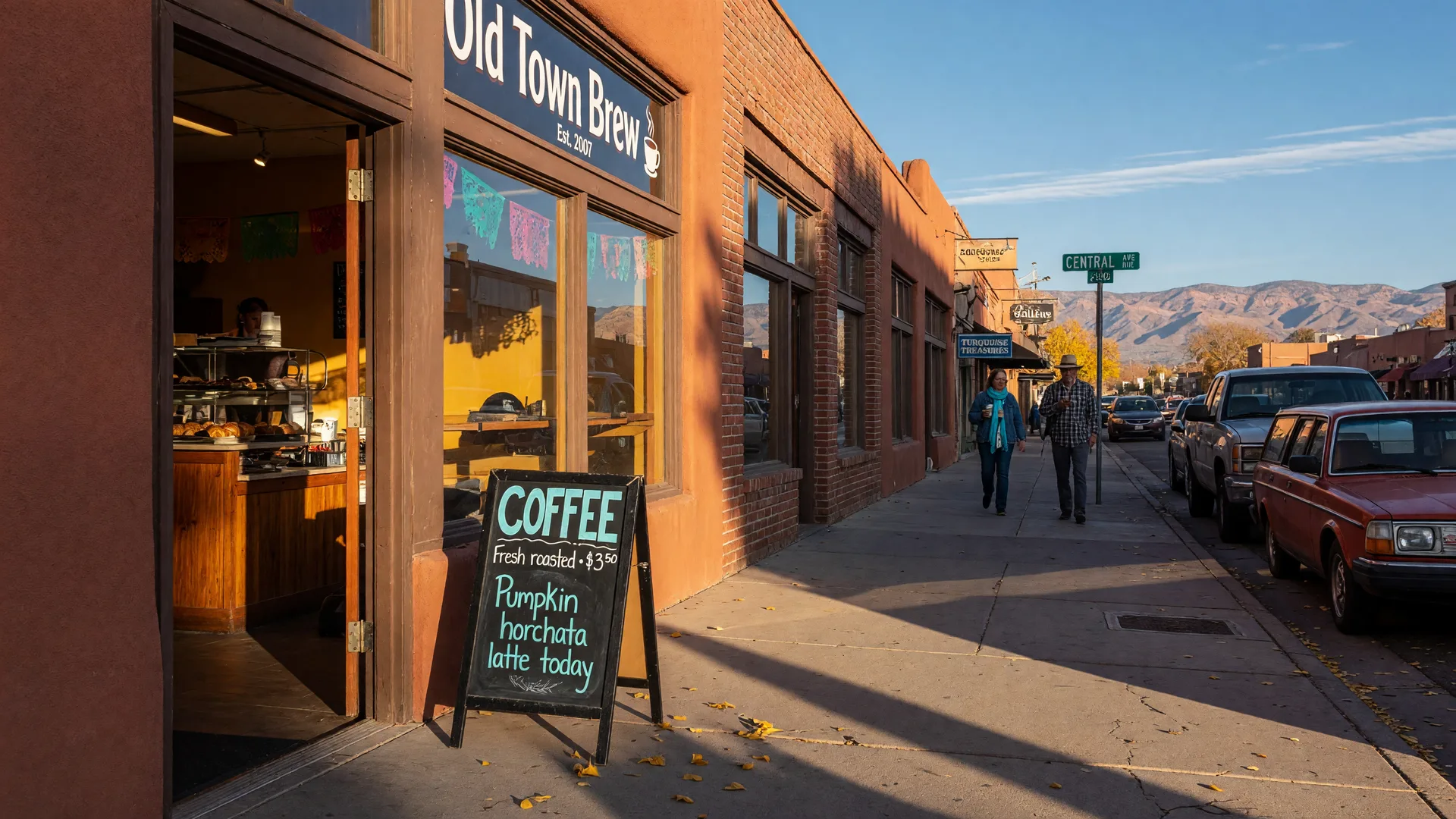 Cozy independent coffee shop in downtown Albuquerque glowing with warm morning light, adobe and brick storefronts along the street with the Sandia Mountains in the distance