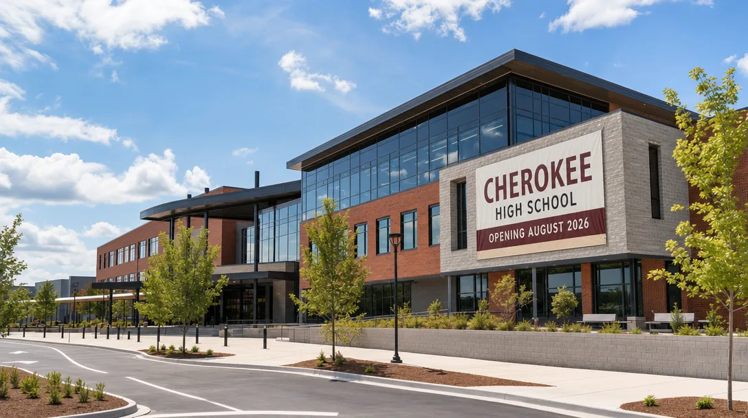 The new Cherokee High School building, a modern 473,761-square-foot campus opening in Canton, Georgia in August 2026