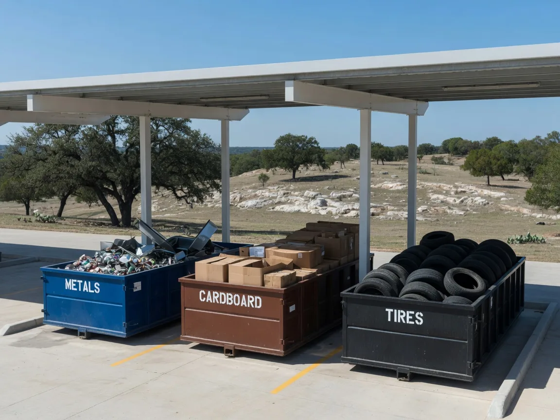 Recycling center drop-off area with separate bins for metal, cardboard, tires, and brush