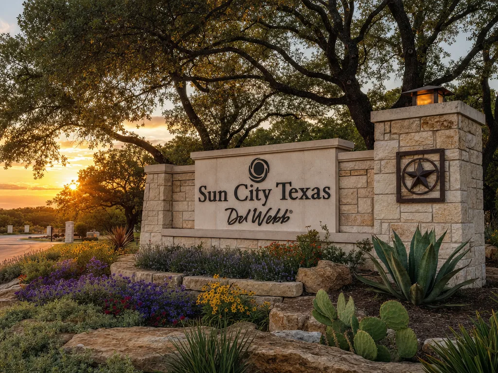 Sun City Texas entrance monument sign with stonework and native landscaping at golden hour