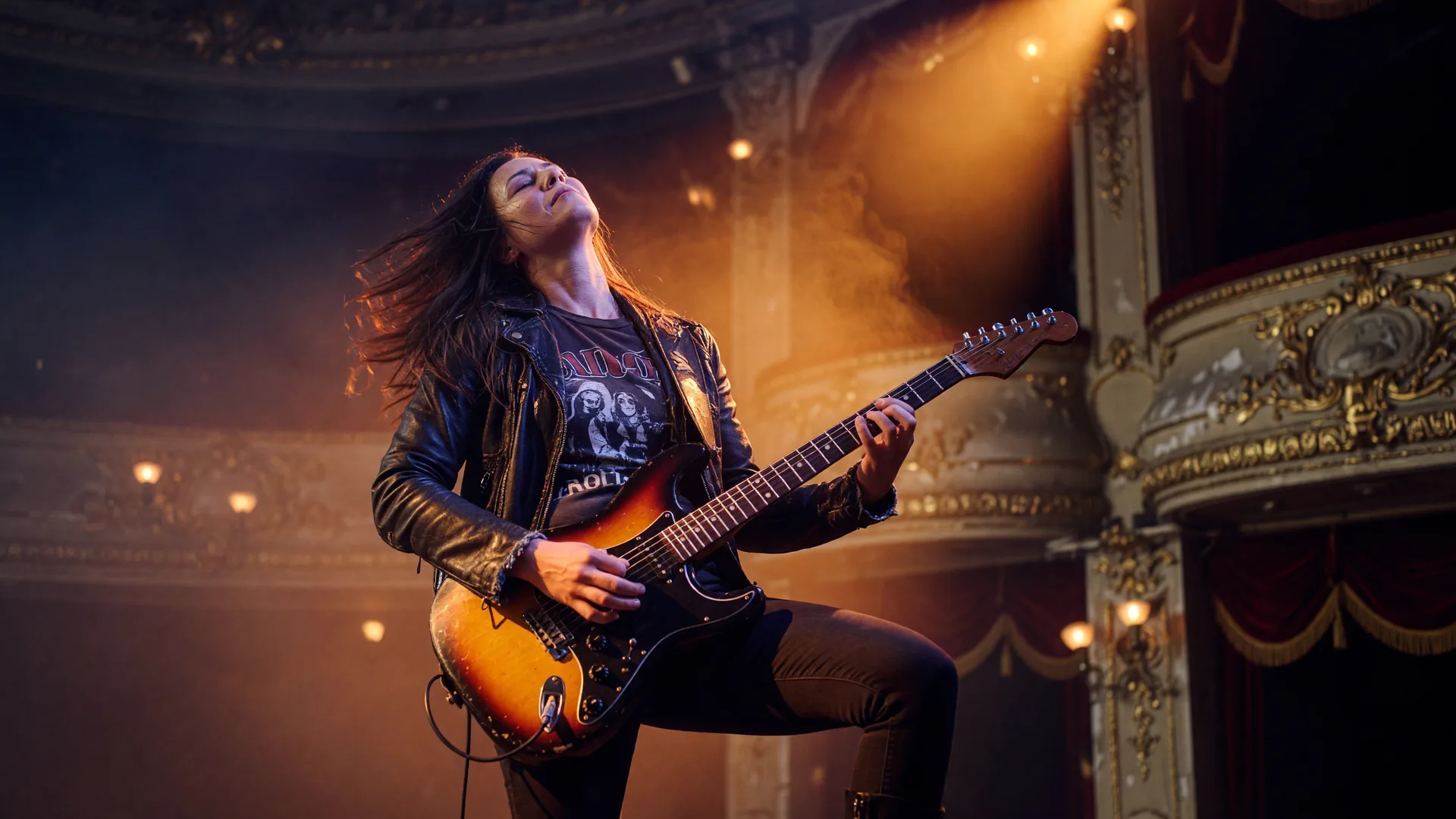 A blues-rock guitarist performing live on a historic theater stage in a warm amber spotlight