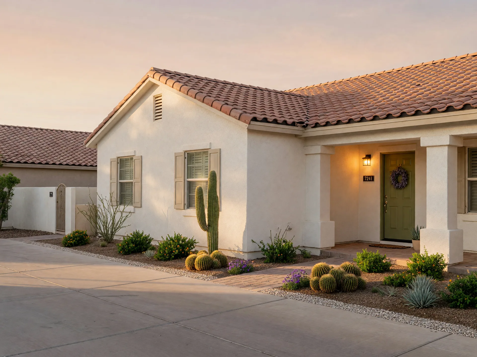 A welcoming single-story desert home exterior in a Mesa, Arizona 55+ community
