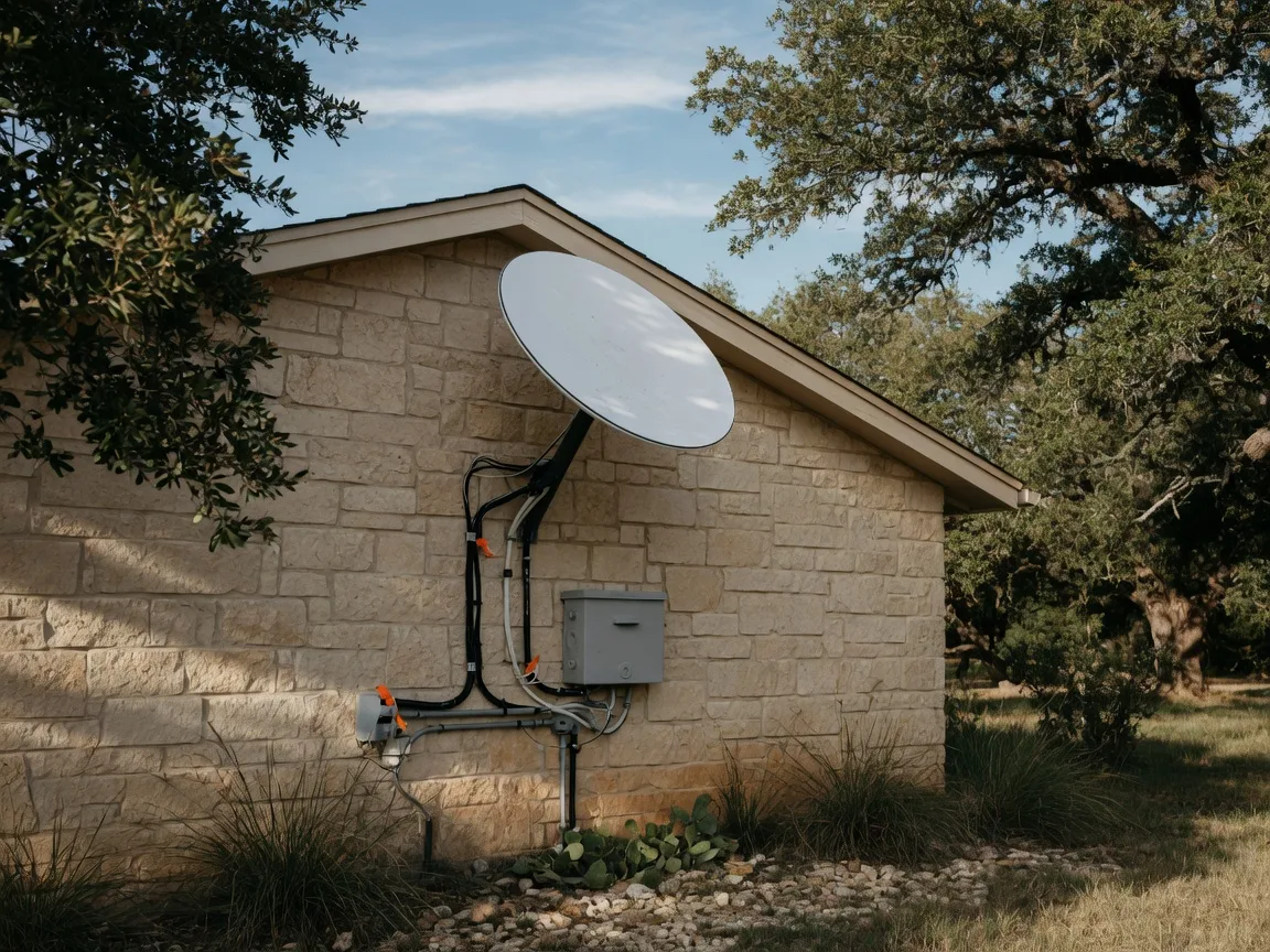 A white satellite internet dish mounted on the limestone wall of a Hill Country ranch home, with a utility box and tidy cabling beneath framed by live oaks