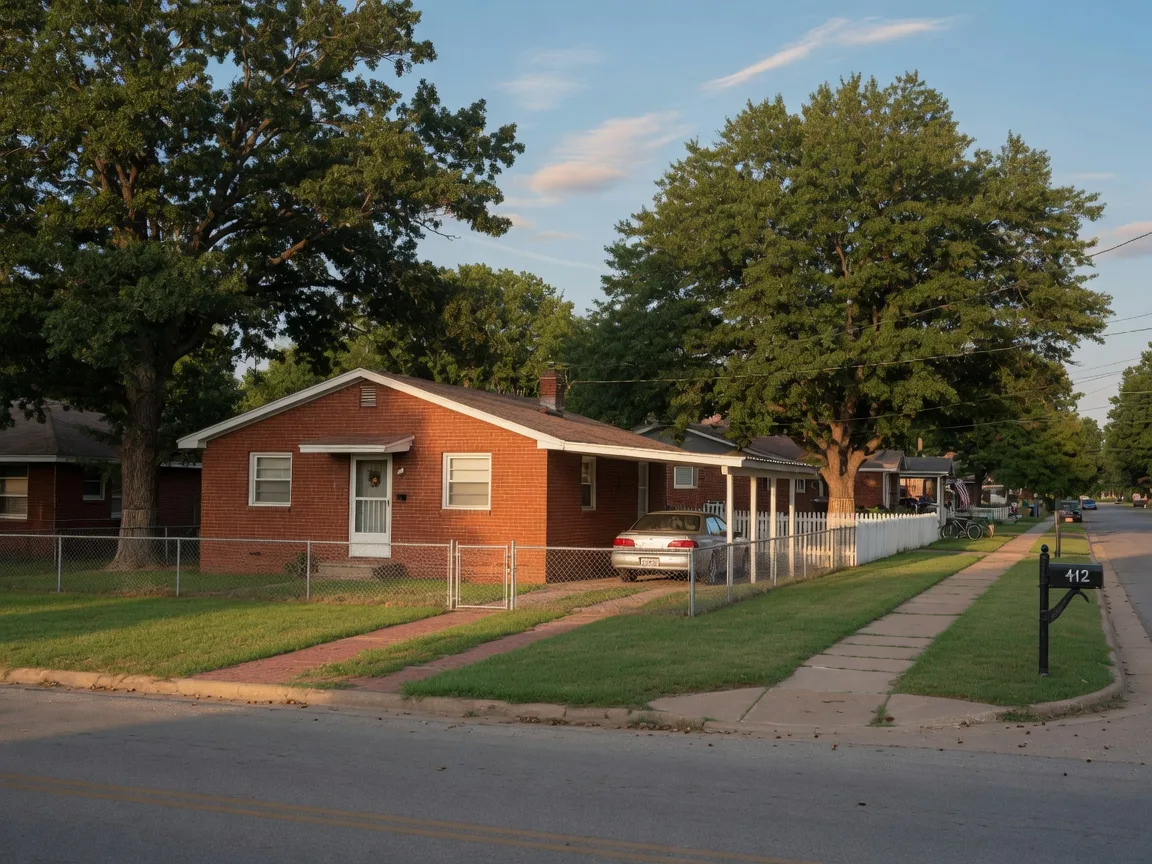 Classic red-brick ranch home in a small Oklahoma town with white trim, established oak trees, and a picket-fenced yard in late afternoon light